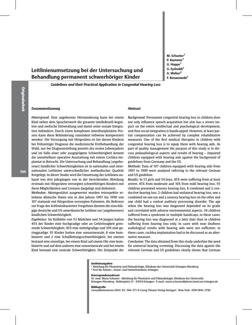 Vorschauseite 1: Leitlinienumsetzung bei der Untersuchung und Behandlung permanent schwerhöriger Kinder