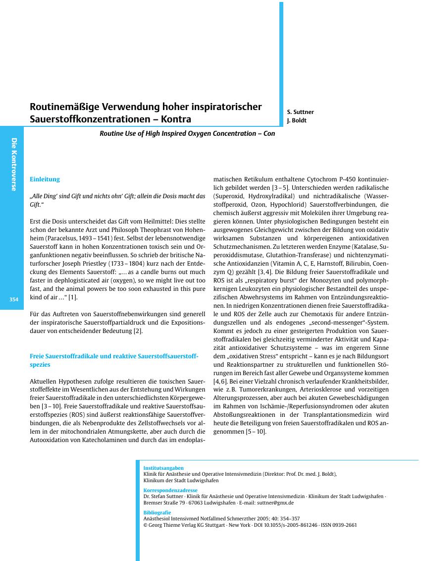 Vorschauseite 1: Routinemäßige Verwendung hoher inspiratorischer Sauerstoffkonzentrationen - Kontra