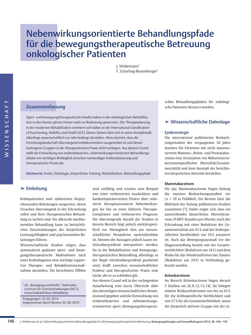 Vorschauseite 1: Nebenwirkungsorientierte Behandlungspfade für die bewegungstherapeutische Betreuung onkologischer Patienten