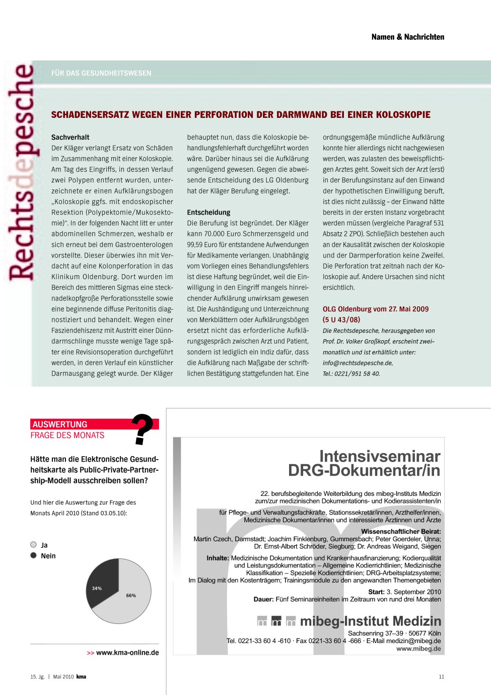 Vorschauseite 1: Schadensersatz wegen einer Perforation der Darmwand bei einer Koloskopie