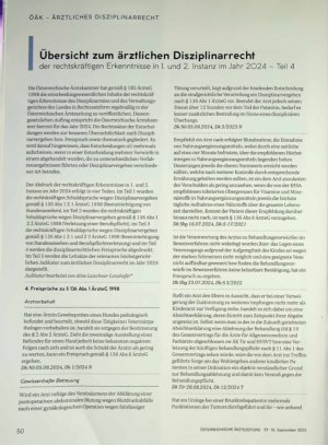 Vorschauseite 1: Übersicht zum ärztlichen Disziplinarrecht der rechtskräftigen Erkenntnisse in 1. und 2. Instanz im Jahr 2024 - Teil 4