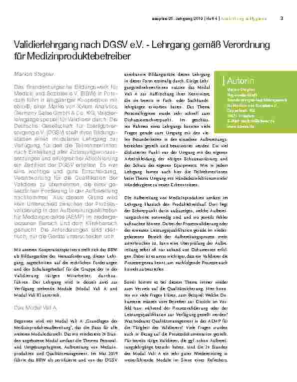 Vorschauseite 1: Validierlehrgang nach DGSV e.V. - Lehrgang gemäß Verordnung für Medizinproduktebetreiber