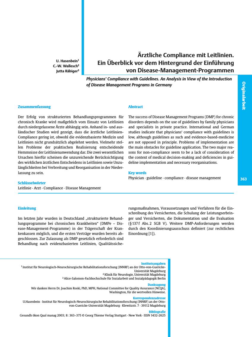 Vorschauseite 1: Ärztliche Compliance mit Leitlinien. Ein Überblick vor dem Hintergrund der Einführung von Disease-Management-Programmen
