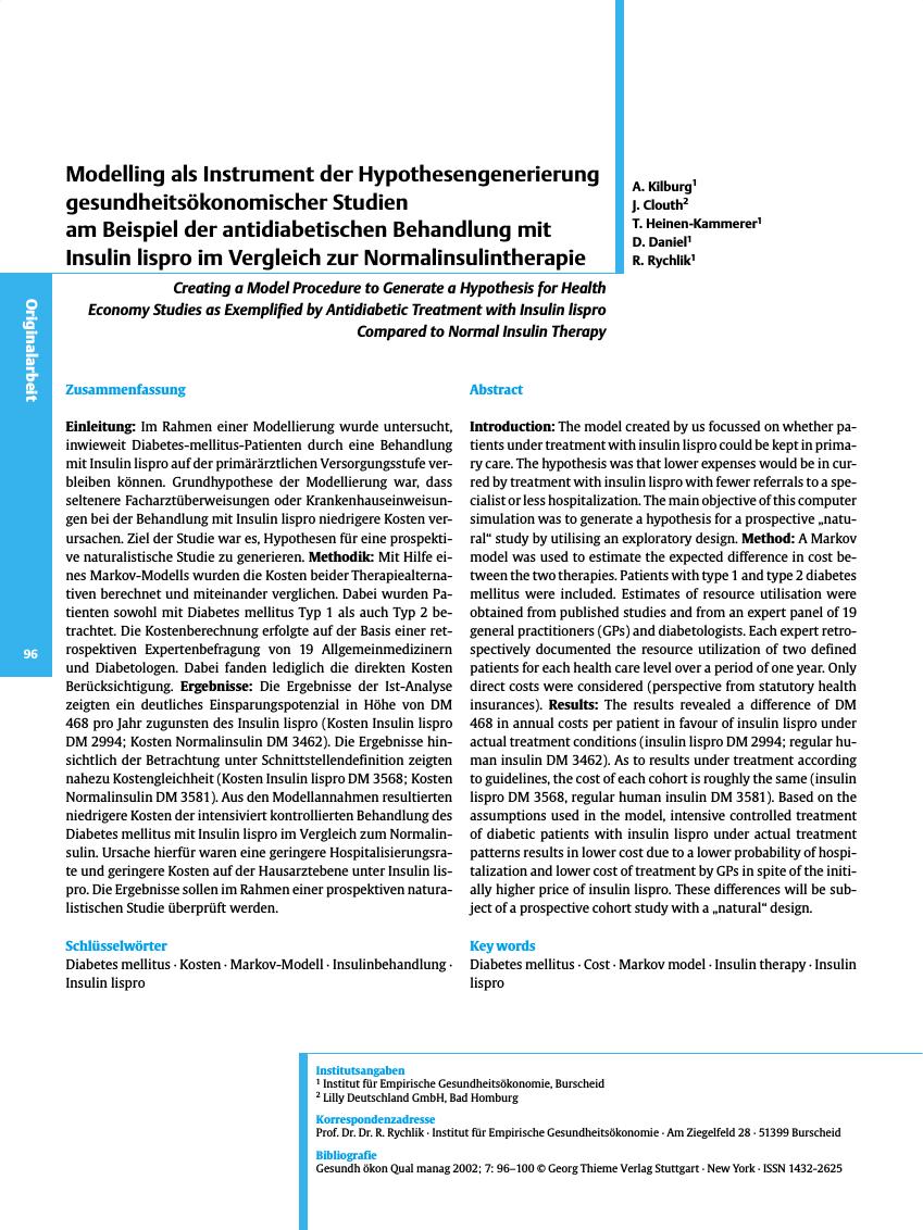 Vorschauseite 1: Modelling als Instrument der Hypothesengenerierung gesundheitsökonomischer Studien am Beispiel der antidiabetischen Behandlung mit Insulin lispro im Vergleich zur Normalinsulinthe…