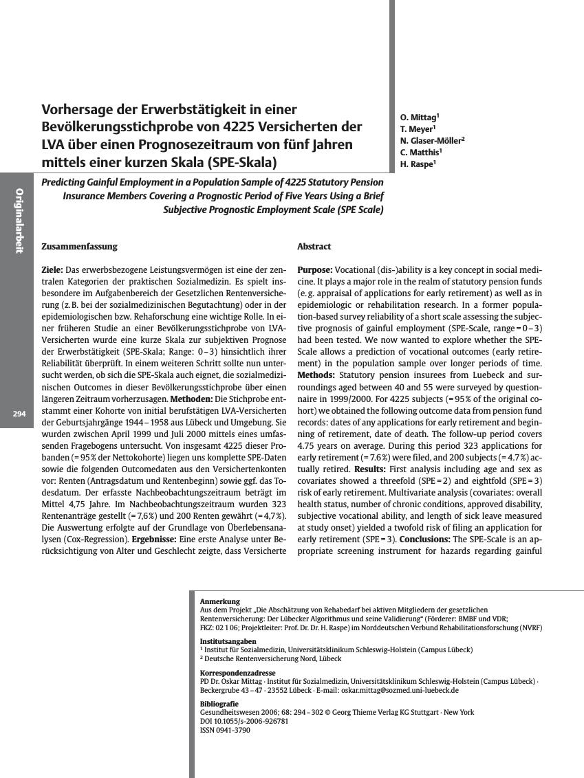 Vorschauseite 1: Vorhersage der Erwerbstätigkeit in einer Bevölkerungsstichprobe von 4225 Versicherten der LVA über einen Prognosezeitraum von fünf Jahren mittels einer kurzen Skala (SPE-Skala)