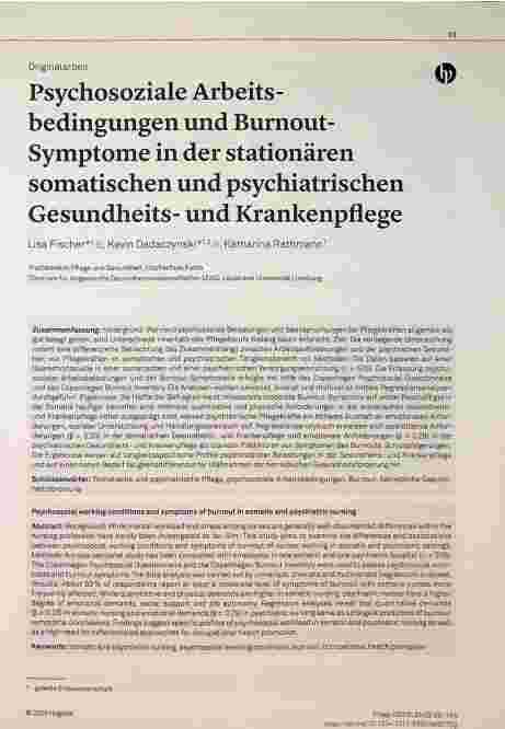 Vorschauseite 1: Psychosoziale Arbeitsbedingungen und Burnout-Symptome in der stationären somatischen und psychiatrischen Gesundheitsund Krankenpflege