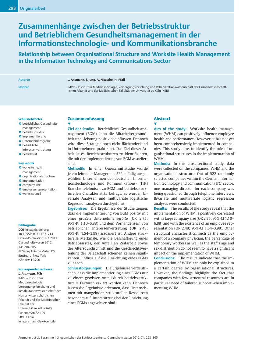 Vorschauseite 1: Zusammenhänge zwischen der Betriebsstruktur und Betrieblichem Gesundheitsmanagement in der Informationstechnologieund Kommunikationsbranche
