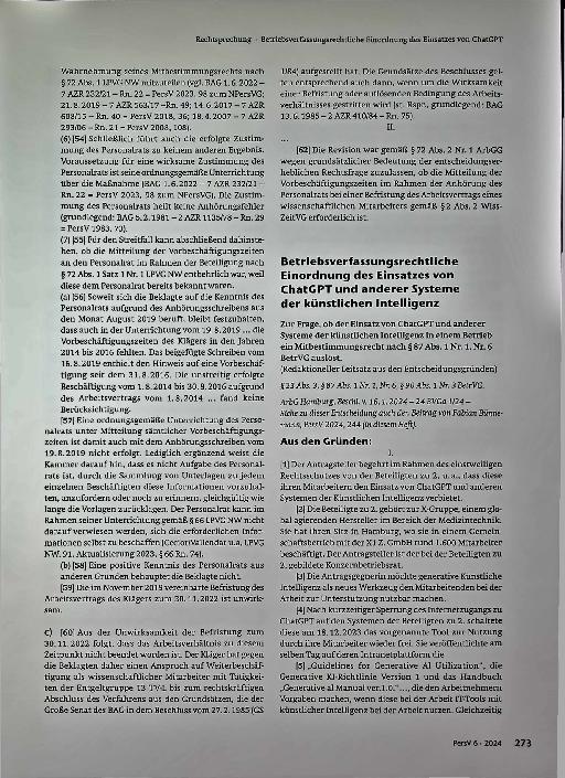 Vorschauseite 1: Betriebsverfassungsrechtliche Einordnung des Einsatzes von ChatGPT und anderer Systeme der künstlichen Intelligenz