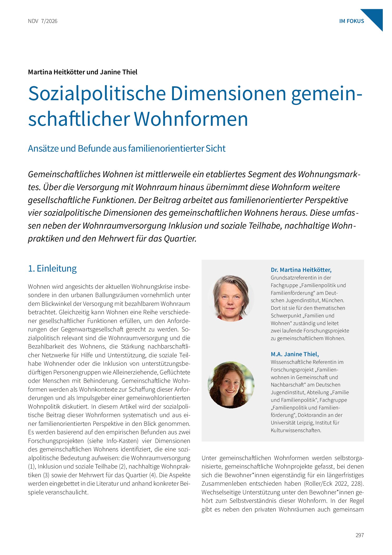 Vorschauseite 1: Sozialpolitische Dimensionen gemeinschaftlicher Wohnformen: Ansätze und Befunde aus familienorientierter Sicht