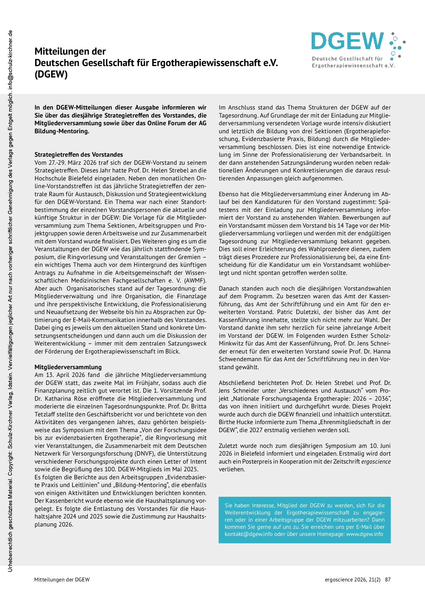 Vorschauseite 1: Mitteilungen der Deutschen Gesellschaft für Ergotherapiewissenschaft e. V. (DGEW) / International NEWS