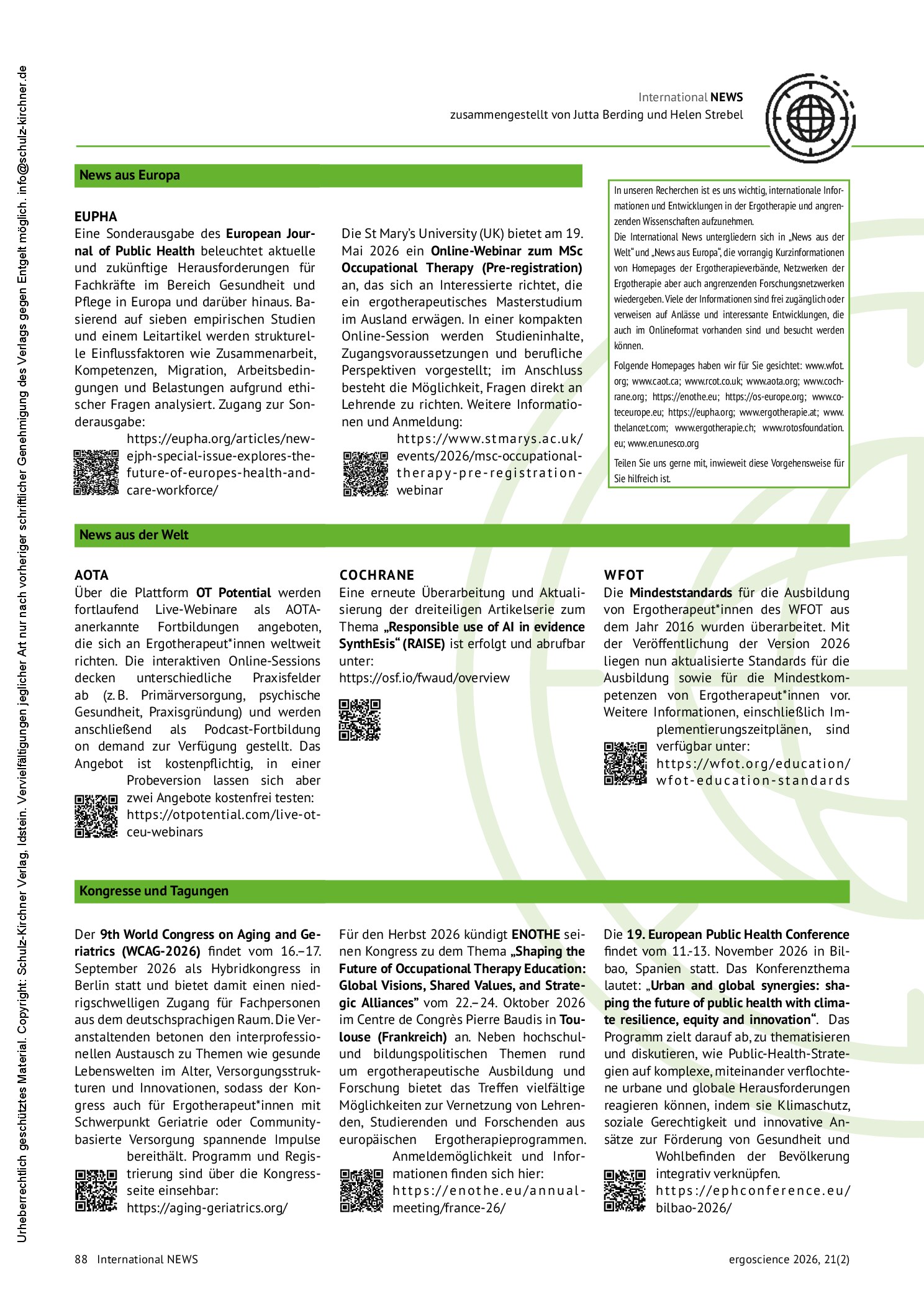 Vorschauseite 2: Mitteilungen der Deutschen Gesellschaft für Ergotherapiewissenschaft e. V. (DGEW) / International NEWS