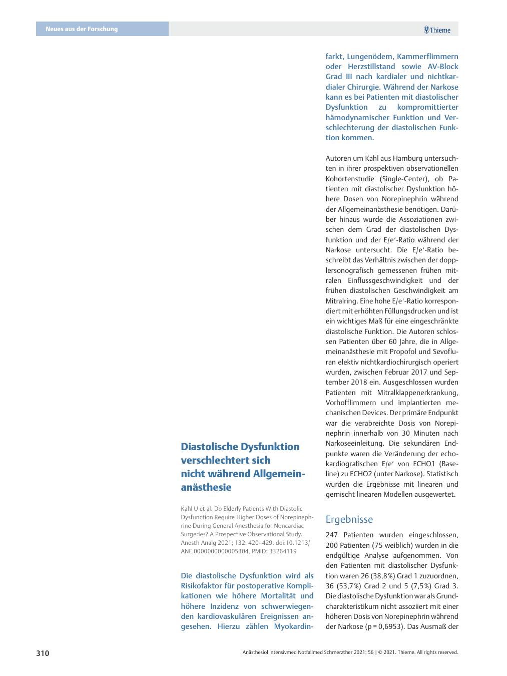Vorschauseite 1: Diastolische Dysfunktion verschlechtert sich nicht während Allgemeinanästhesie.