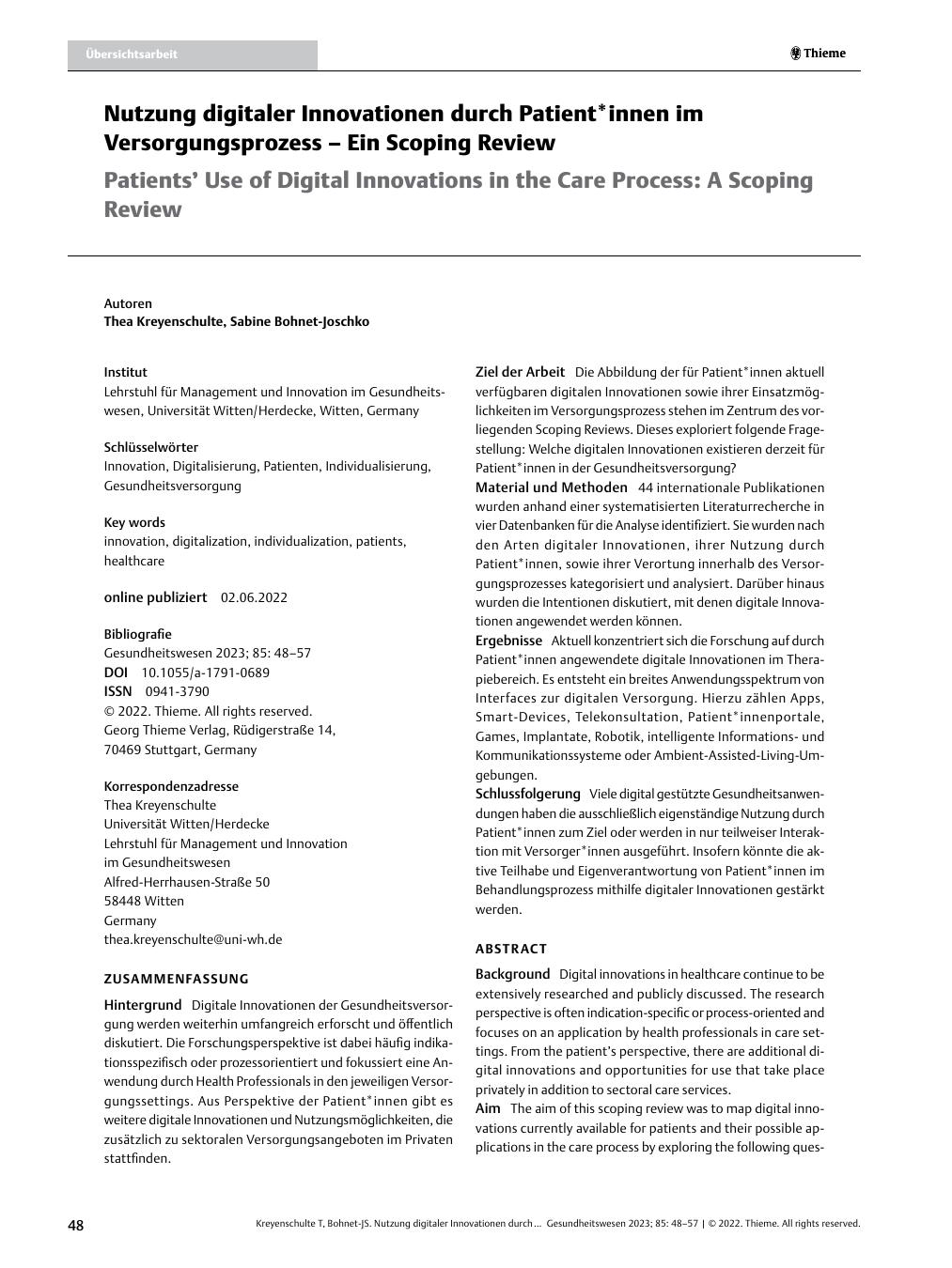 Vorschauseite 1: Nutzung digitaler Innovationen durch Patient*innen im Versorgungsprozess – Ein Scoping Review