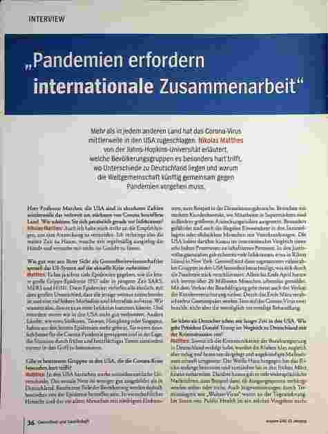 Vorschauseite 1: "Pandemien erfordern internationale Zusammenarbeit."