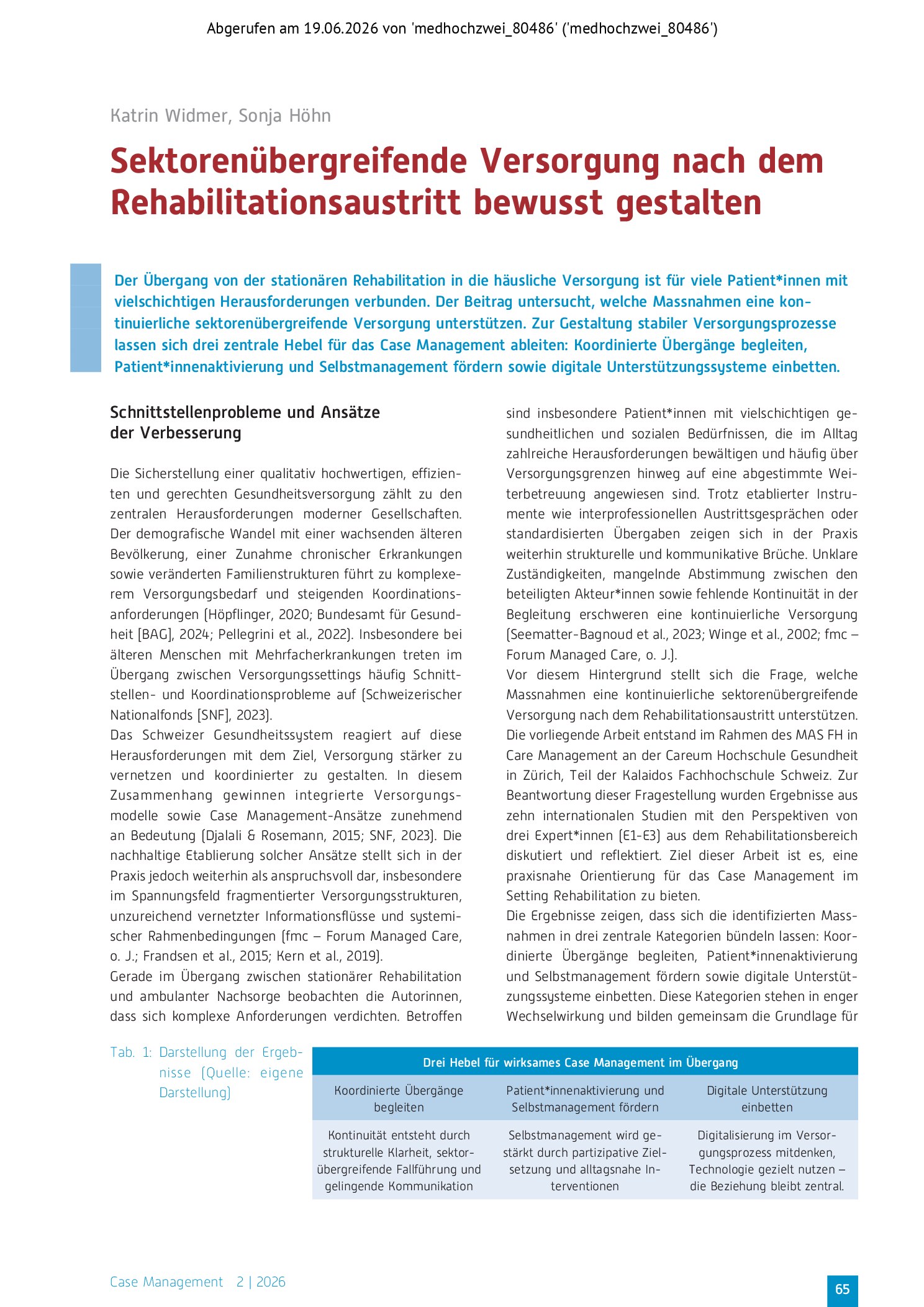 Vorschauseite 1: Sektorenübergreifende Versorgung nach dem Rehabilitationsaustritt bewusst gestalten