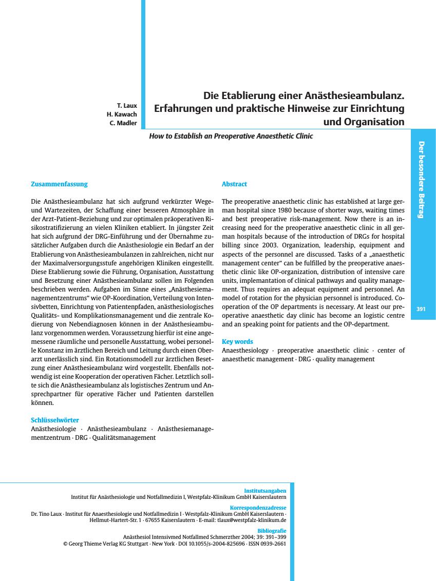 Vorschauseite 1: Die Etablierung einer Anästhesieambulanz. Erfahrungen und praktische Hinweise zur Einrichtung und Organisation