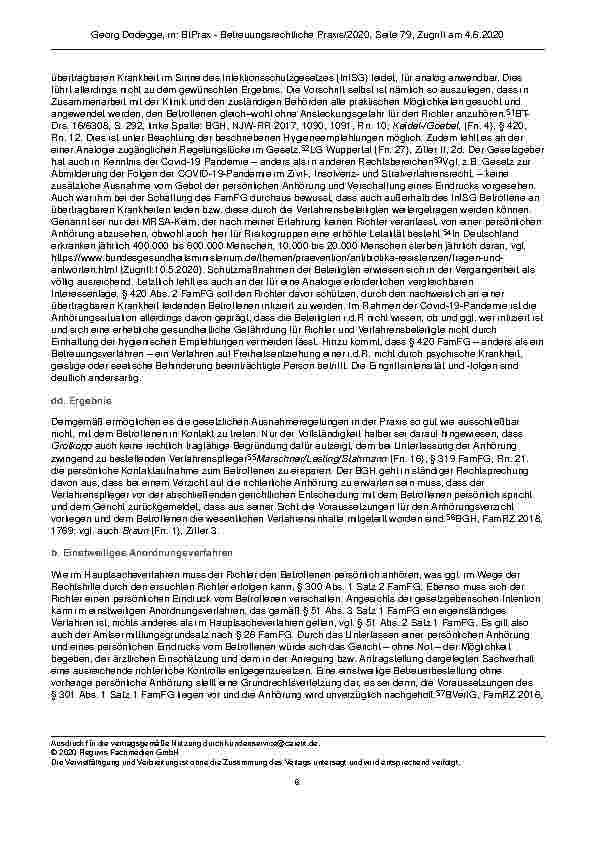 Vorschauseite 6: Persönliche Anhörung und persönlicher Eindruck in Betreuungsund Unterbringungssachen in Zeiten der Covid-19-Pandemie