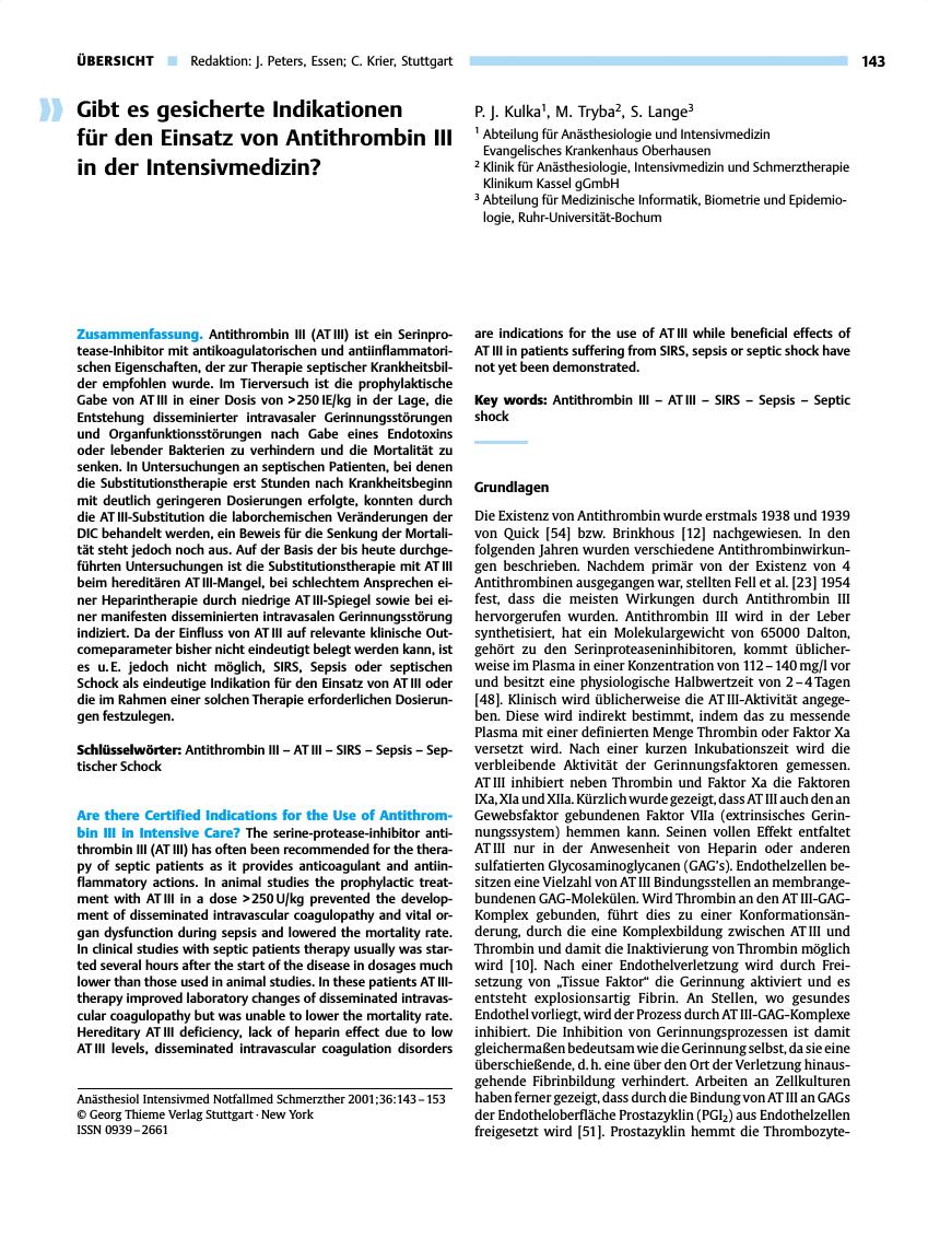 Vorschauseite 1: Gibt es gesicherte Indikationen für den Einsatz von Antithrombin III in der Intensivmedizin?