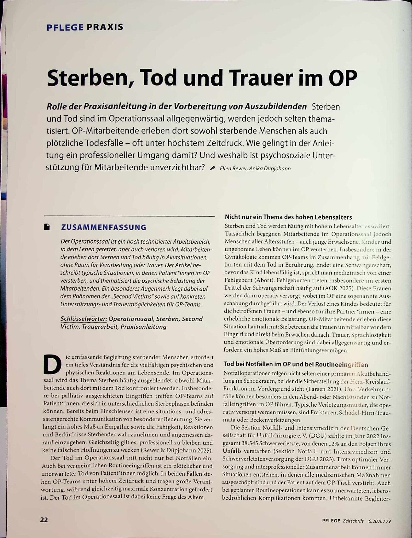 Vorschauseite 1: Sterben, Tod und Trauer im OP
