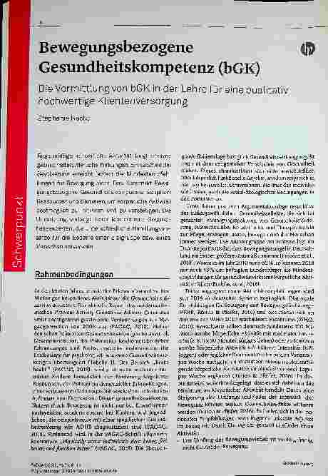 Vorschauseite 1: Bewegungsbezogene Gesundheitskompetenz (bGK) Die Vermittlung von bGK in der Lehre für eine qualitativ hochwertige Klientenversorgung