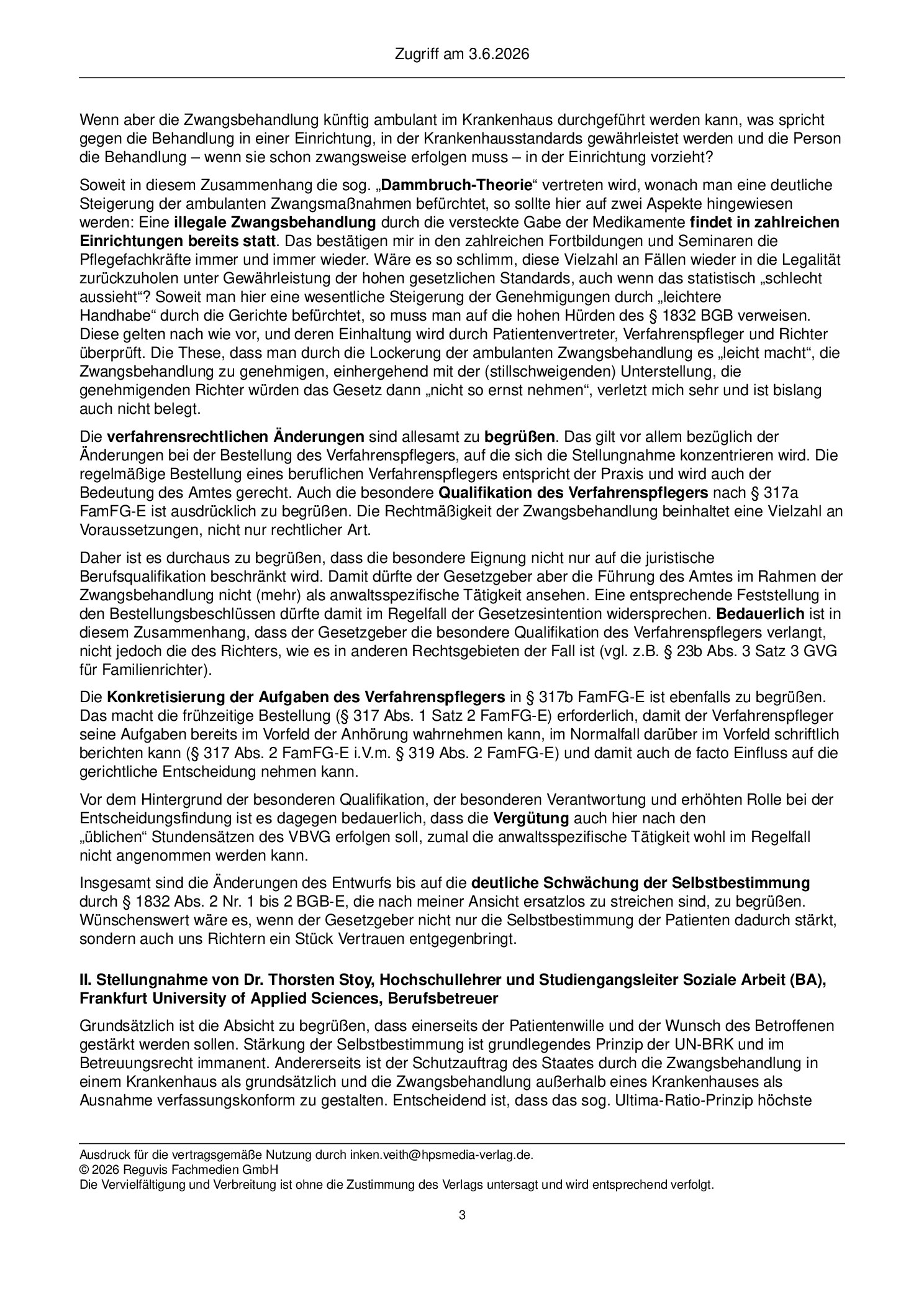 Vorschauseite 3: Stellungnahmen zum Referentenentwurf des Gesetzes zur Änderung der Regelung über ärztliche Zwangsmaßnahmen im Betreuungsrecht