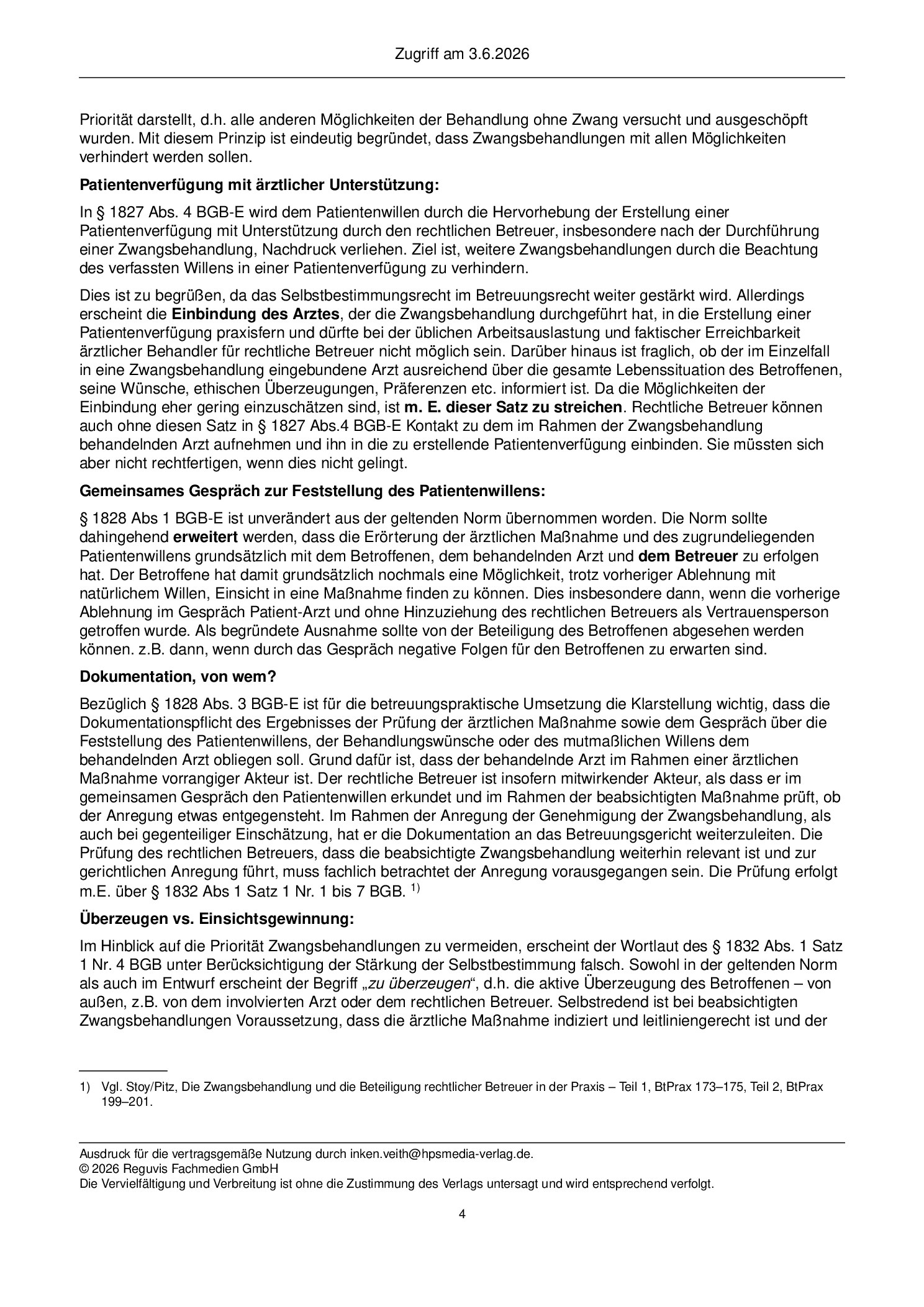 Vorschauseite 4: Stellungnahmen zum Referentenentwurf des Gesetzes zur Änderung der Regelung über ärztliche Zwangsmaßnahmen im Betreuungsrecht
