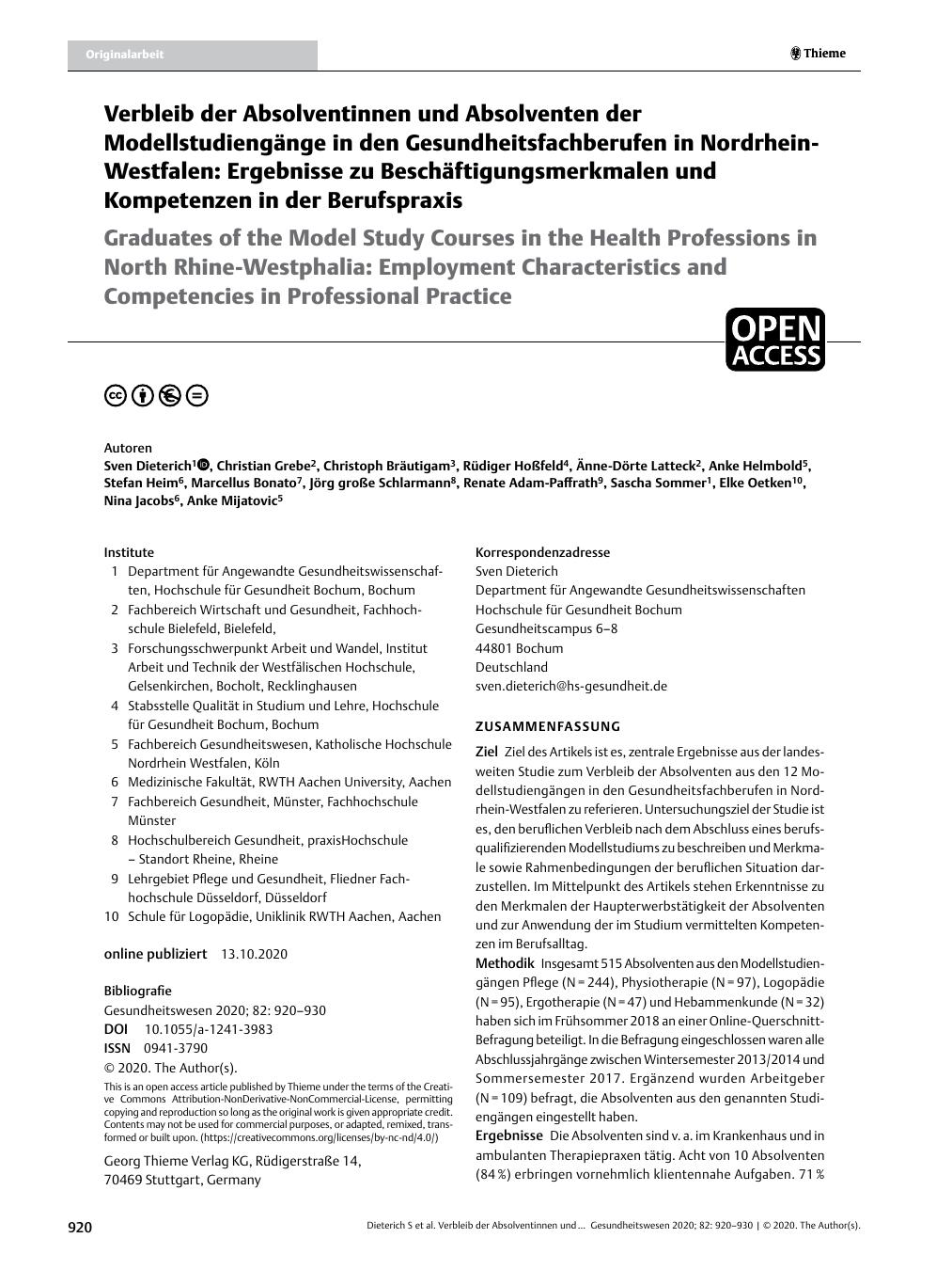 Vorschauseite 1: Verbleib der Absolventinnen und Absolventen der Modellstudiengänge in den Gesundheitsfachberufen in Nordrhein-Westfalen: Ergebnisse zu Beschäftigungsmerkmalen und Kompetenzen in d…