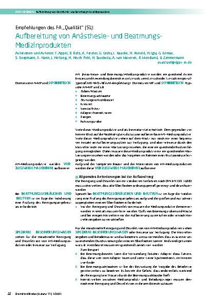 Vorschauseite 1: Aufbereitung von Anästhesieund Beatmungs-Medizinprodukten