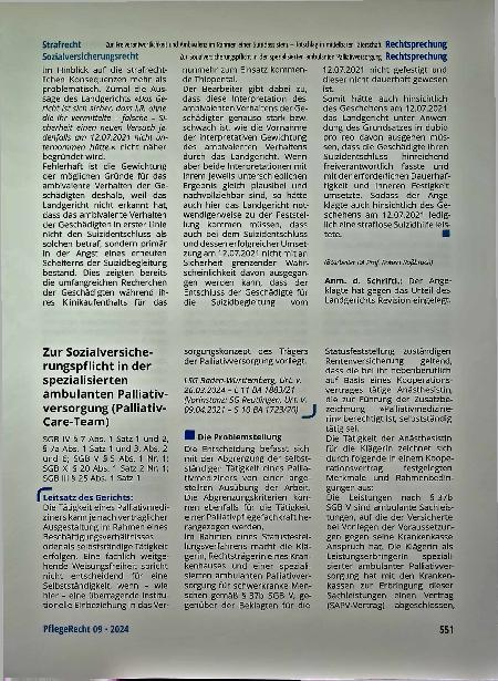 Vorschauseite 1: Zur Sozialversicherungspflicht in der spezialisierten ambulanten Palliativversorgung (Palliativ-Care-Team)