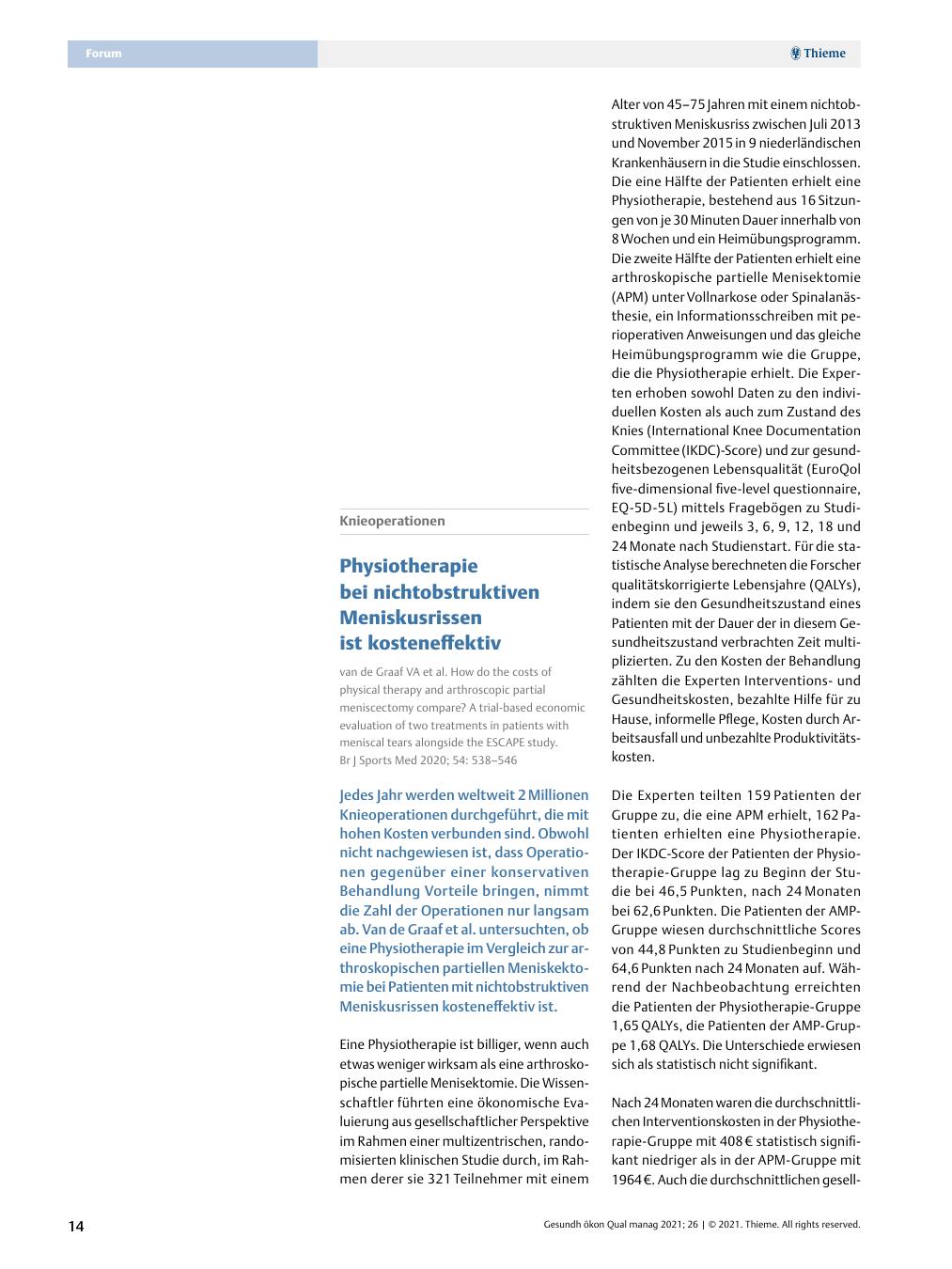Vorschauseite 1: Knieoperationen - Physiotherapie bei nichtobstruktiven Meniskusrissen ist kosteneffektiv.