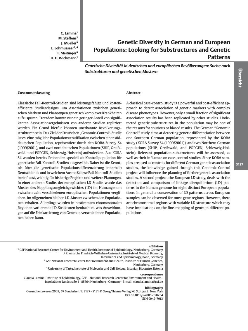 Vorschauseite 1: Genetic Diversity in German and European Populations: Looking for Substructures and Genetic Patterns