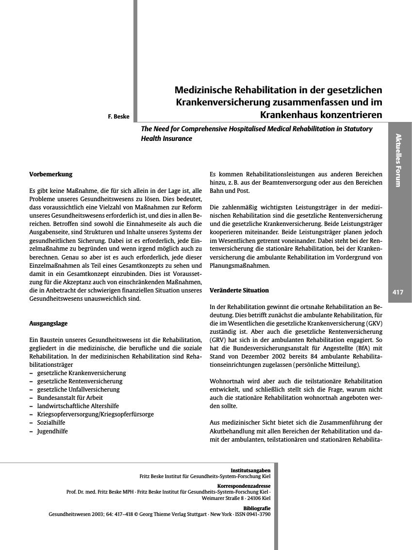 Vorschauseite 1: Medizinische Rehabilitation in der gesetzlichen Krankenversicherung zusammenfassen und im Krankenhaus konzentrieren