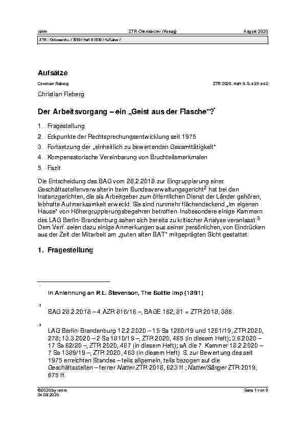 Vorschauseite 1: Der Arbeitsvorgang – ein „Geist aus der Flasche“?* 1. Fragestellung 2. Eckpunkte der Rechtsprechungsentwicklung seit 1975 3. Fortsetzung der „einheitlich zu bewertenden Gesamttäti…