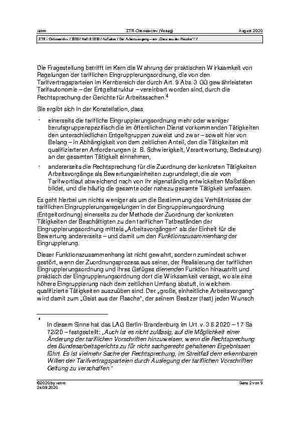 Vorschauseite 2: Der Arbeitsvorgang – ein „Geist aus der Flasche“?* 1. Fragestellung 2. Eckpunkte der Rechtsprechungsentwicklung seit 1975 3. Fortsetzung der „einheitlich zu bewertenden Gesamttäti…