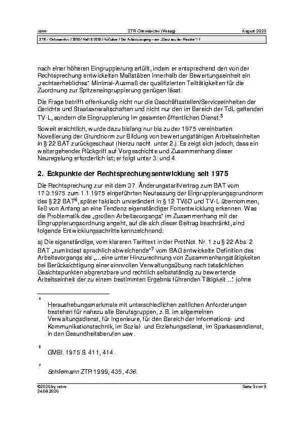 Vorschauseite 3: Der Arbeitsvorgang – ein „Geist aus der Flasche“?* 1. Fragestellung 2. Eckpunkte der Rechtsprechungsentwicklung seit 1975 3. Fortsetzung der „einheitlich zu bewertenden Gesamttäti…