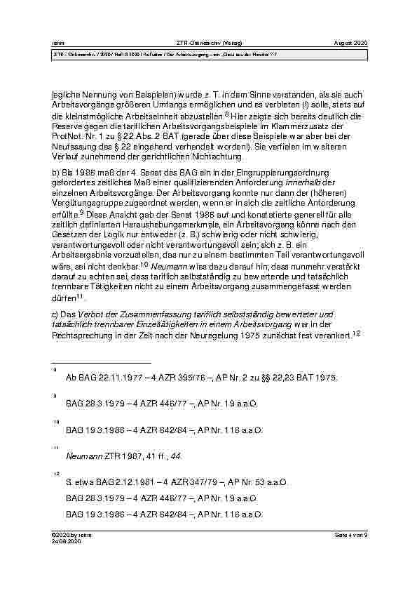 Vorschauseite 4: Der Arbeitsvorgang – ein „Geist aus der Flasche“?* 1. Fragestellung 2. Eckpunkte der Rechtsprechungsentwicklung seit 1975 3. Fortsetzung der „einheitlich zu bewertenden Gesamttäti…