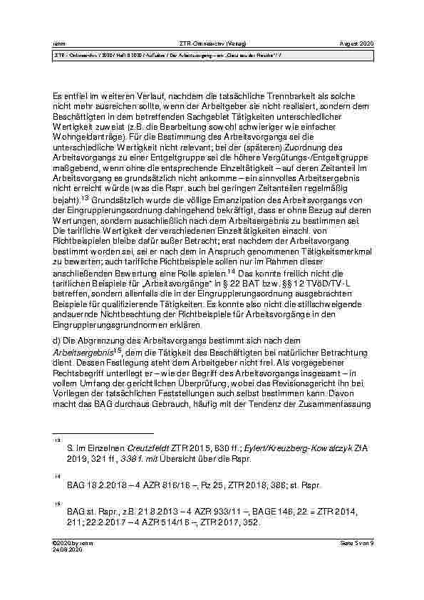 Vorschauseite 5: Der Arbeitsvorgang – ein „Geist aus der Flasche“?* 1. Fragestellung 2. Eckpunkte der Rechtsprechungsentwicklung seit 1975 3. Fortsetzung der „einheitlich zu bewertenden Gesamttäti…