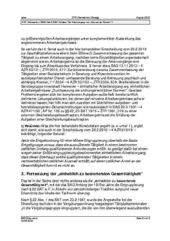 Vorschauseite 6: Der Arbeitsvorgang – ein „Geist aus der Flasche“?* 1. Fragestellung 2. Eckpunkte der Rechtsprechungsentwicklung seit 1975 3. Fortsetzung der „einheitlich zu bewertenden Gesamttäti…