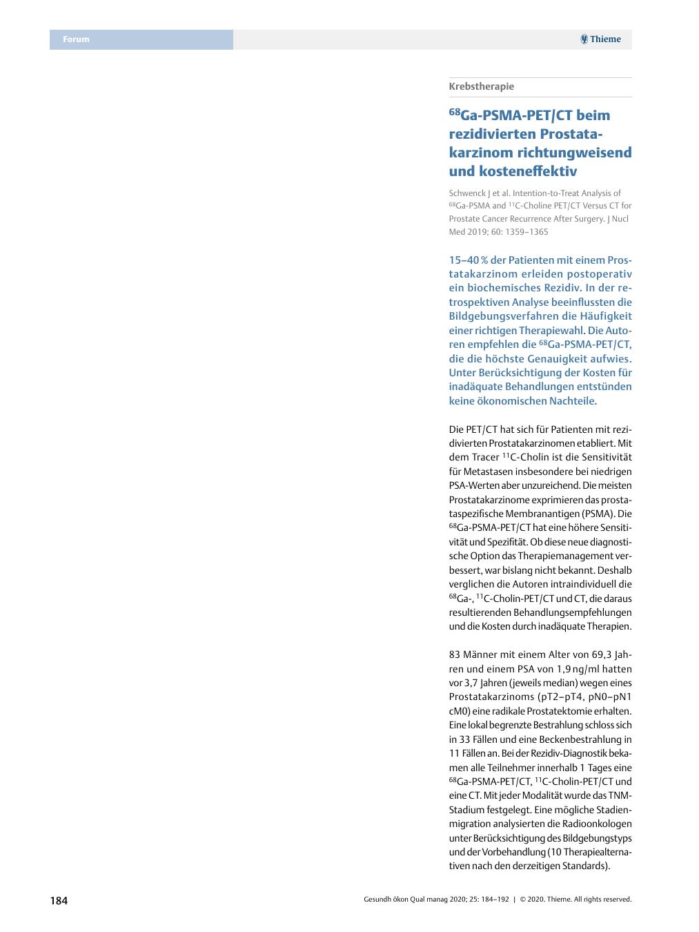 Vorschauseite 1: Krebstherapie – 68Ga-PSMA-PET/CT beim rezidivierten Prostatakarzinom richtungsweisend und kosteneffektiv