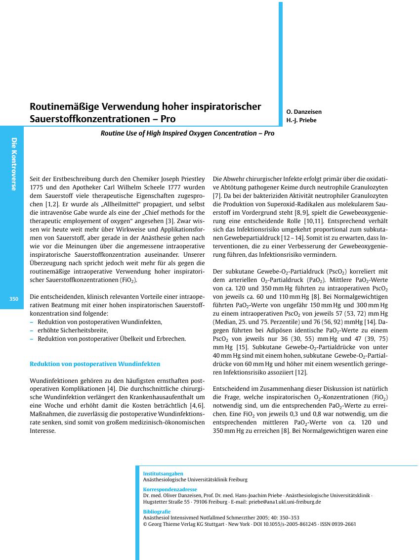 Vorschauseite 1: Routinemäßige Verwendung hoher inspiratorischer Sauerstoffkonzentrationen - Pro