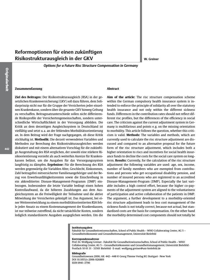Vorschauseite 1: Reformoptionen für einen zukünftigen Risikostrukturausgleich in der GKV