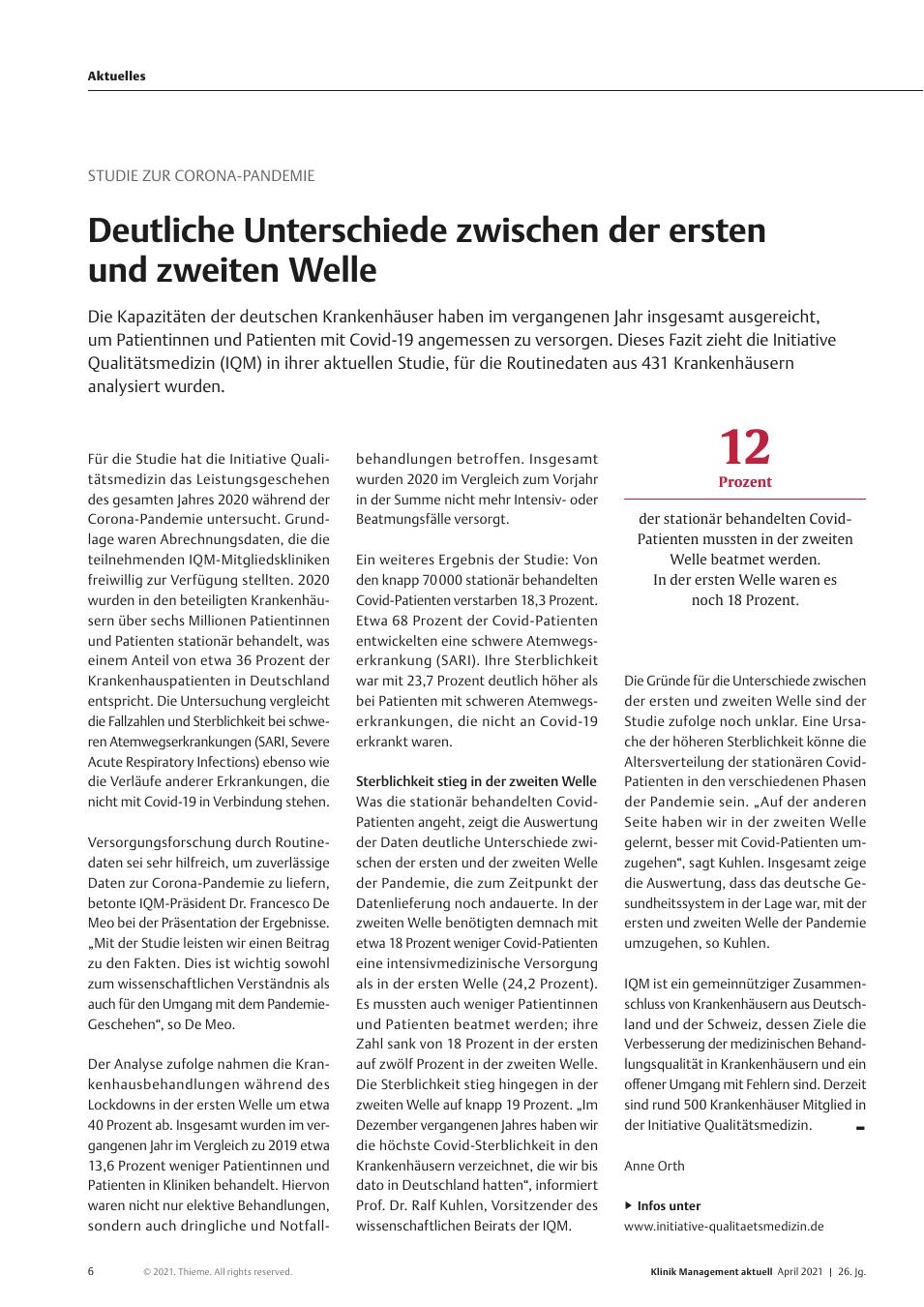 Vorschauseite 1: Studie zur Corona-Pandemie: Deutliche Unterschiede zwischen der ersten und zweiten Welle