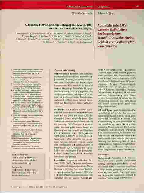 Vorschauseite 1: Automatisierte OPS-basierte Kalkulation der hauseigenen Transfusionswahrscheinlichkeit von Erythrozytenkonzentraten