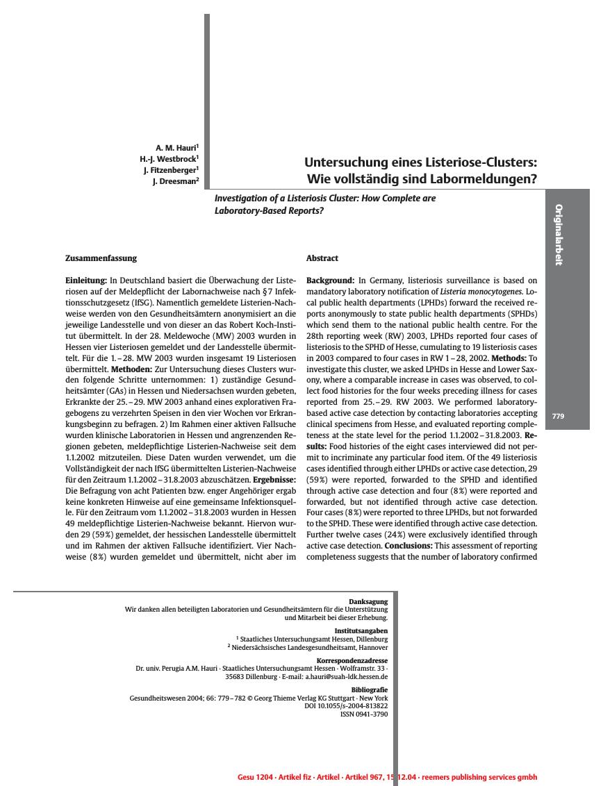 Vorschauseite 1: Untersuchung eines Listeriose-Clusters: Wie vollständig sind Labormeldungen?