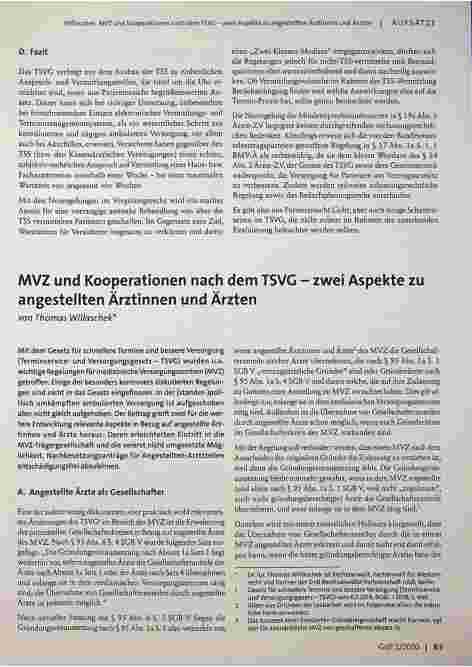Vorschauseite 1: MVZ und Kooperationen nach dem TSVG - zwei Aspekte zu angestellten Ärztinnen und Ärzten