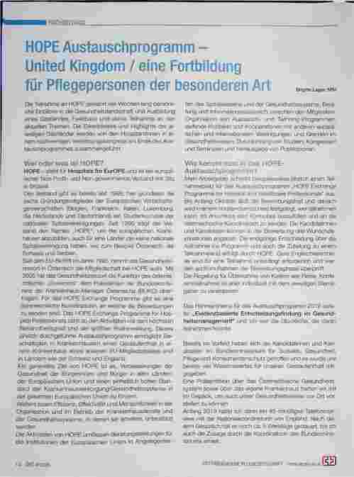 Vorschauseite 1: HOPE Austauschprogramm - United Kingdom / eine Fortbildung für Pflegepersonen der besonderen Art