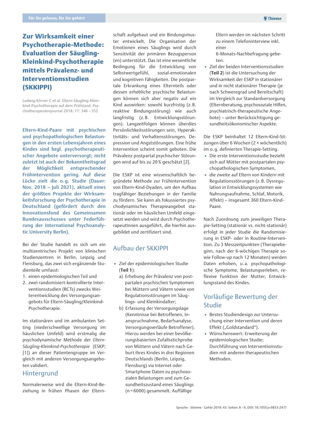 Vorschauseite 1: Zur Wirksamkeit einer Psychotherapie-Methode: Evaluation der Säugling-Kleinkind-Psychotherapie mittels Prävalenzund Interventionsstudien (SKKIPPI)