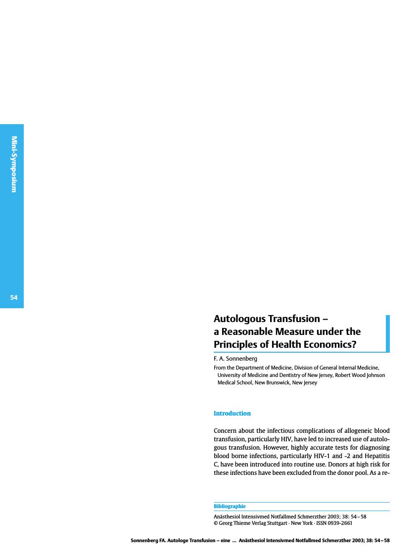 Vorschauseite 1: Autologous Transfusion - a Reasonable Measure under the Principles of Health Economics?