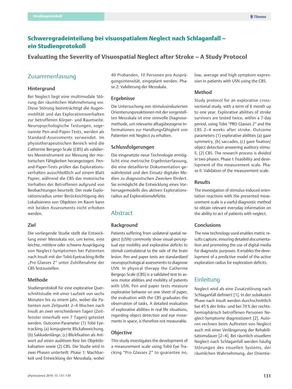 Vorschauseite 1: Schweregradeinteilung bei visuospatialem Neglect nach Schlaganfall – ein Studienprotokoll