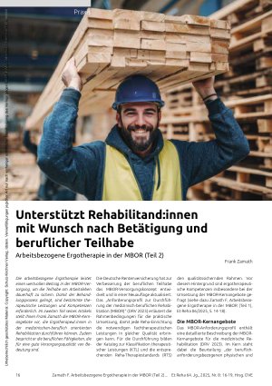 Vorschauseite 1: Unterstützt Rehabilitand: innen mit Wunsch nach Betätigung und beruflicher Teilhabe Arbeitsbezogene Ergotherapie in der MBOR (Teil 2)